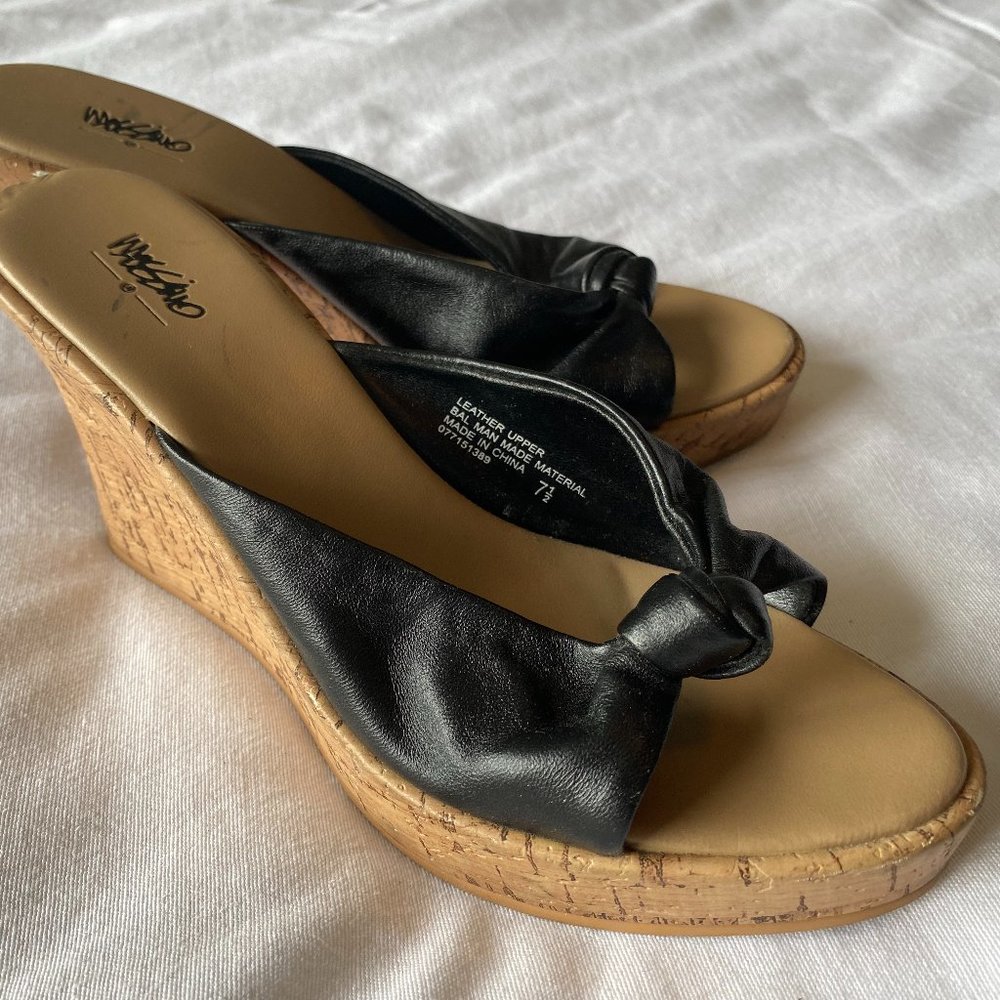 Mossimo Paxton Black Leather Open Toe Cork Wedge Sandals